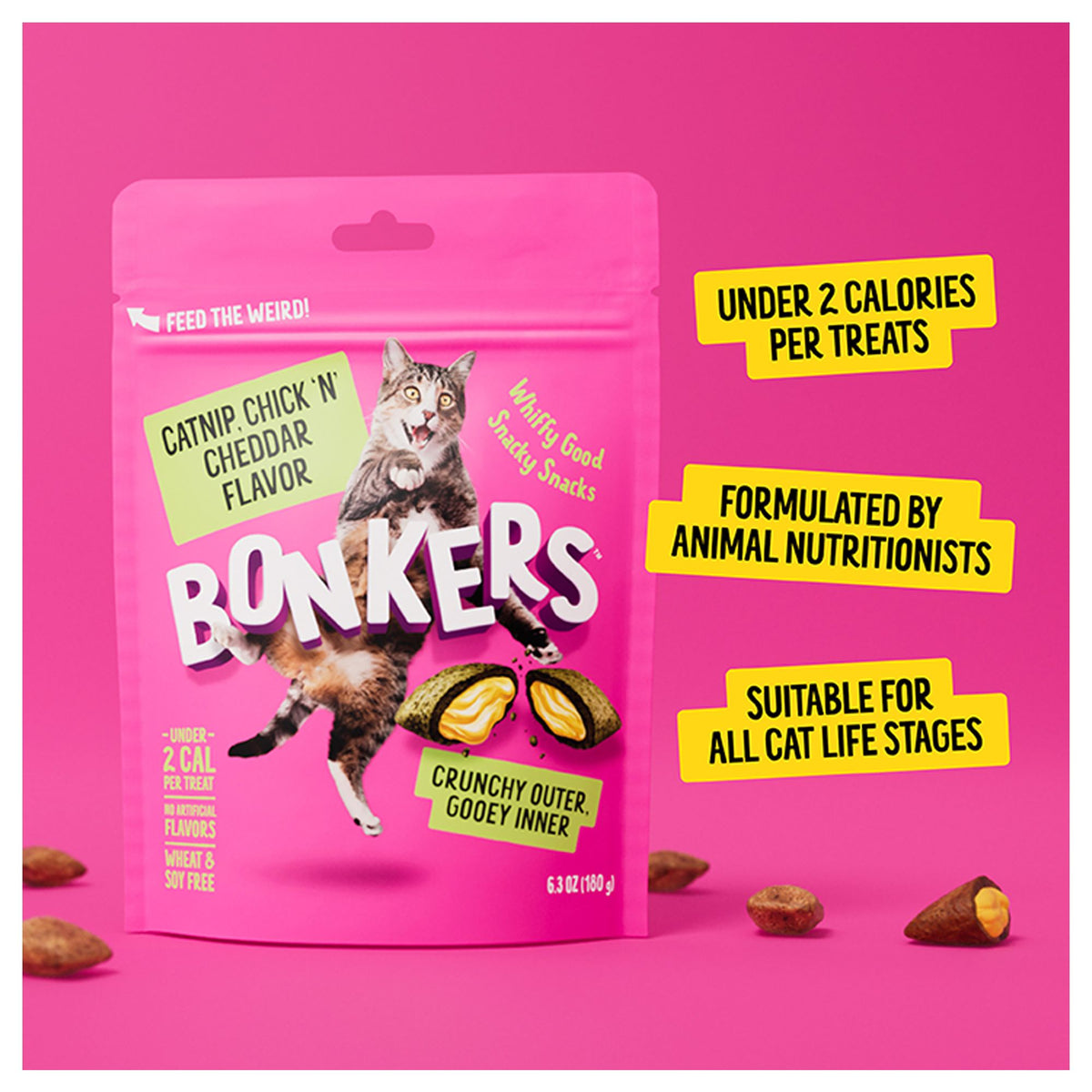 Bonkers™ Crunchy Cat Treats - Catnip, Chick 'N' Cheddar